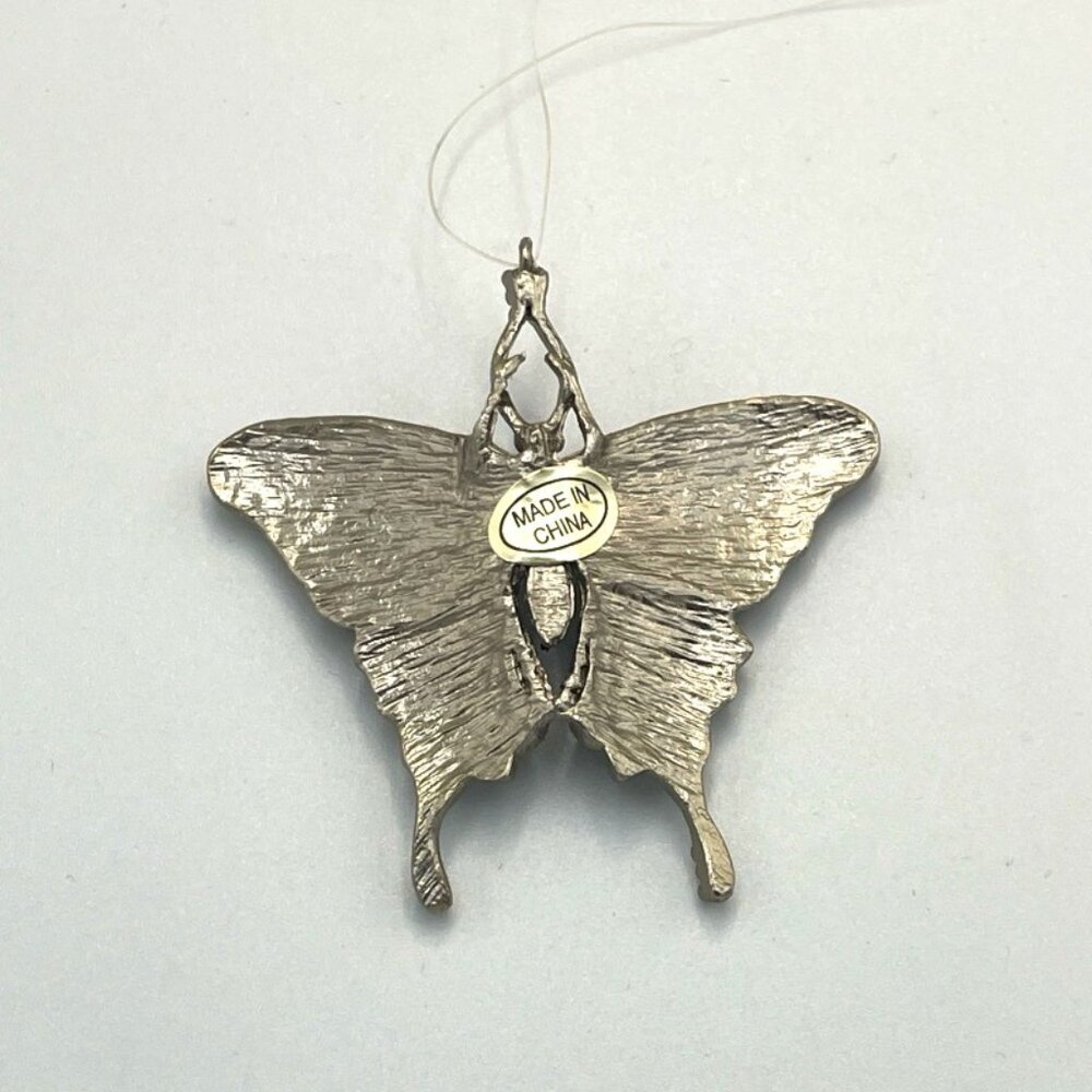 Butterfly Ornament Silver Toned Metal Green Purple Pink Clear Beads - Picture 3 of 3